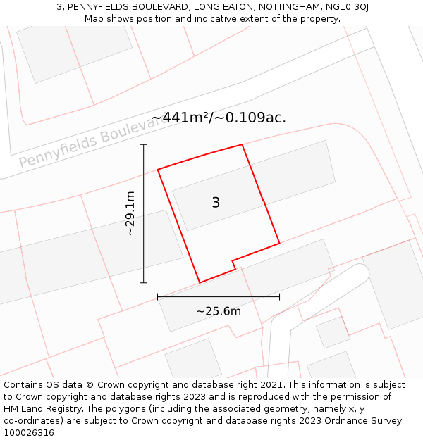 3, PENNYFIELDS BOULEVARD, LONG EATON, NOTTINGHAM, NG10 3QJ: Plot and title map