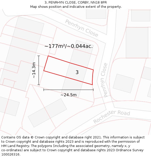 3, PENRHYN CLOSE, CORBY, NN18 8PR: Plot and title map