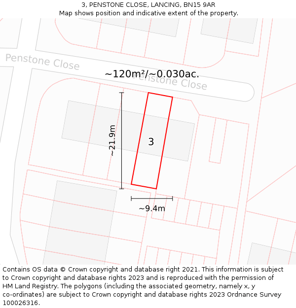 3, PENSTONE CLOSE, LANCING, BN15 9AR: Plot and title map