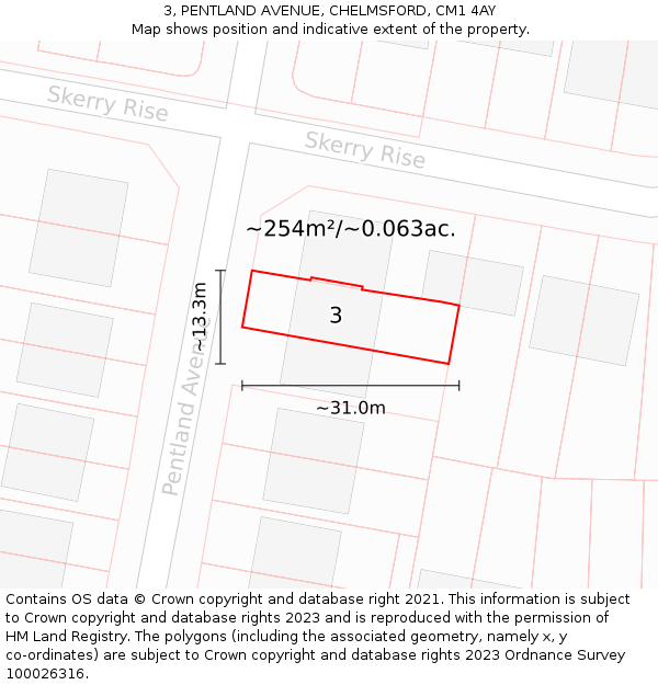3, PENTLAND AVENUE, CHELMSFORD, CM1 4AY: Plot and title map
