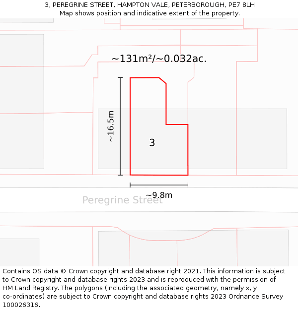 3, PEREGRINE STREET, HAMPTON VALE, PETERBOROUGH, PE7 8LH: Plot and title map
