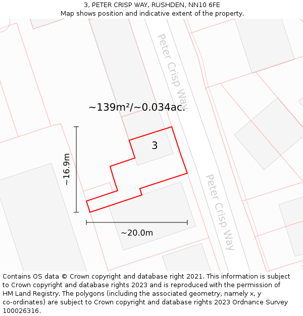 3, PETER CRISP WAY, RUSHDEN, NN10 6FE: Plot and title map