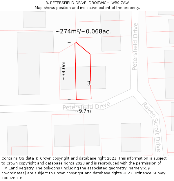 3, PETERSFIELD DRIVE, DROITWICH, WR9 7AW: Plot and title map
