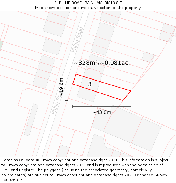 3, PHILIP ROAD, RAINHAM, RM13 8LT: Plot and title map