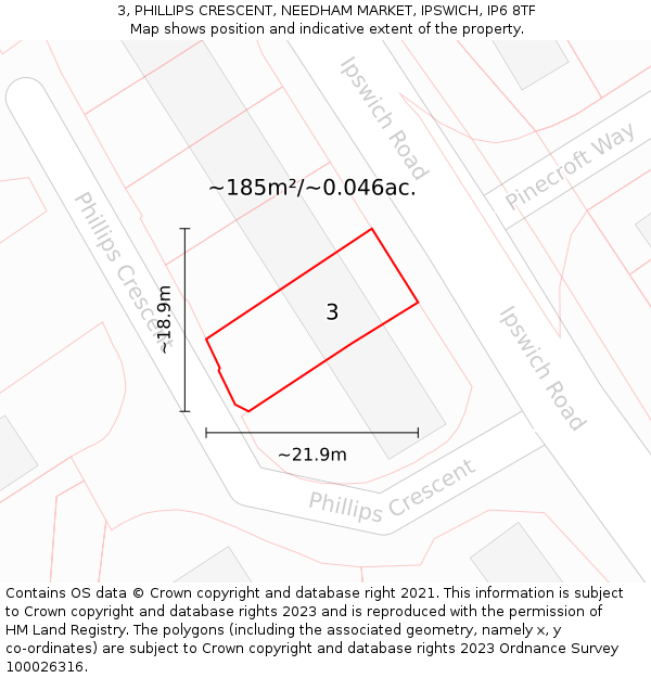 3, PHILLIPS CRESCENT, NEEDHAM MARKET, IPSWICH, IP6 8TF: Plot and title map