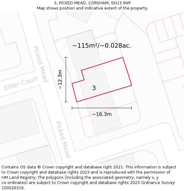 3, PICKED MEAD, CORSHAM, SN13 9WF: Plot and title map