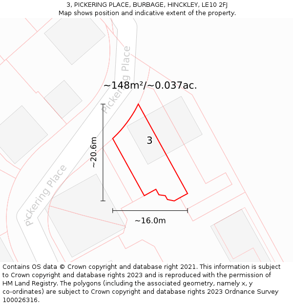 3, PICKERING PLACE, BURBAGE, HINCKLEY, LE10 2FJ: Plot and title map