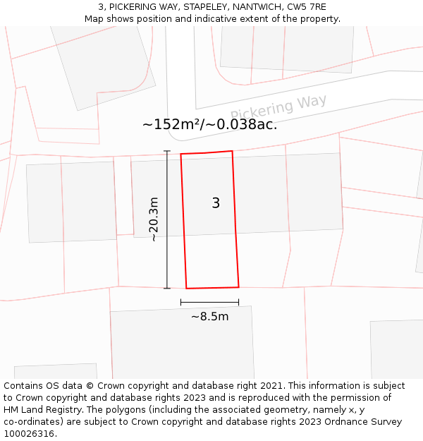 3, PICKERING WAY, STAPELEY, NANTWICH, CW5 7RE: Plot and title map