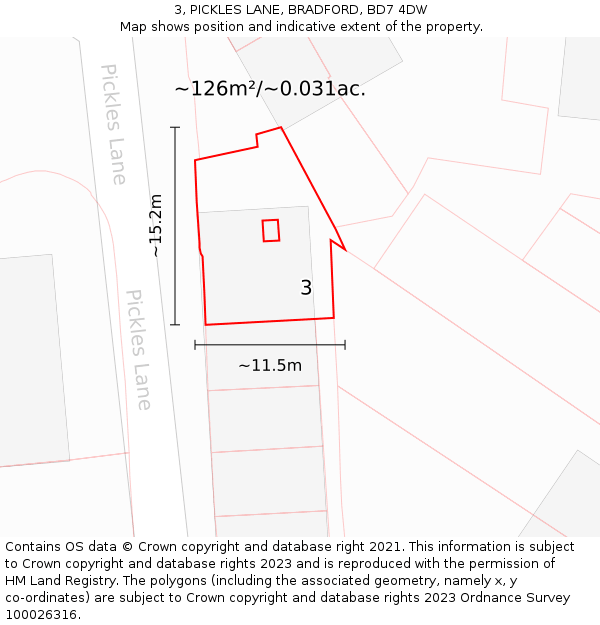 3, PICKLES LANE, BRADFORD, BD7 4DW: Plot and title map