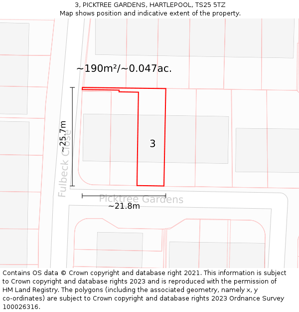 3, PICKTREE GARDENS, HARTLEPOOL, TS25 5TZ: Plot and title map