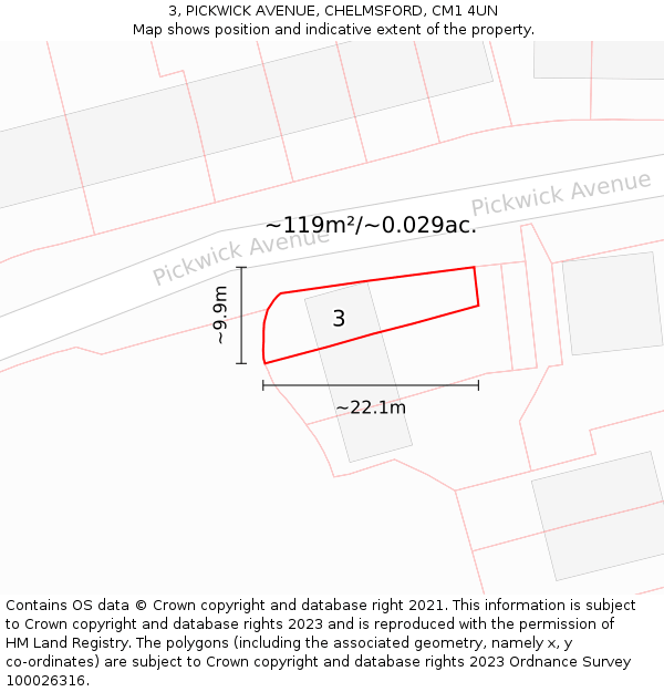 3, PICKWICK AVENUE, CHELMSFORD, CM1 4UN: Plot and title map