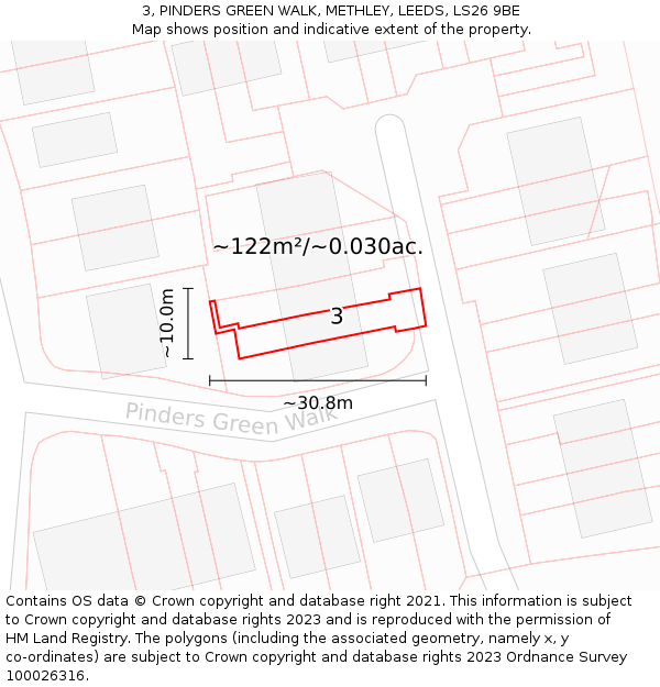 3, PINDERS GREEN WALK, METHLEY, LEEDS, LS26 9BE: Plot and title map