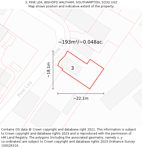 3, PINE LEA, BISHOPS WALTHAM, SOUTHAMPTON, SO32 1NZ: Plot and title map