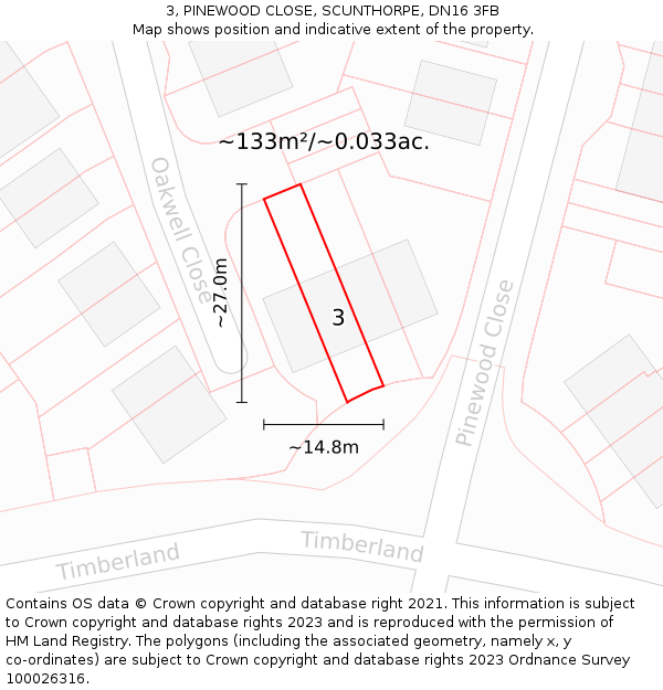 3, PINEWOOD CLOSE, SCUNTHORPE, DN16 3FB: Plot and title map