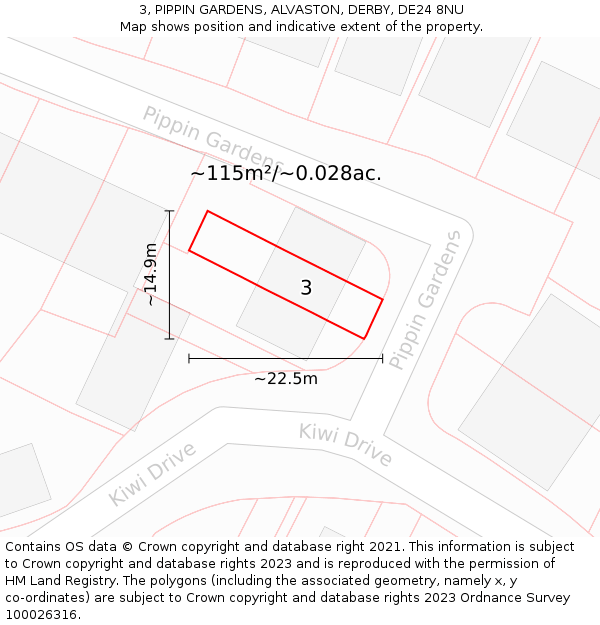 3, PIPPIN GARDENS, ALVASTON, DERBY, DE24 8NU: Plot and title map