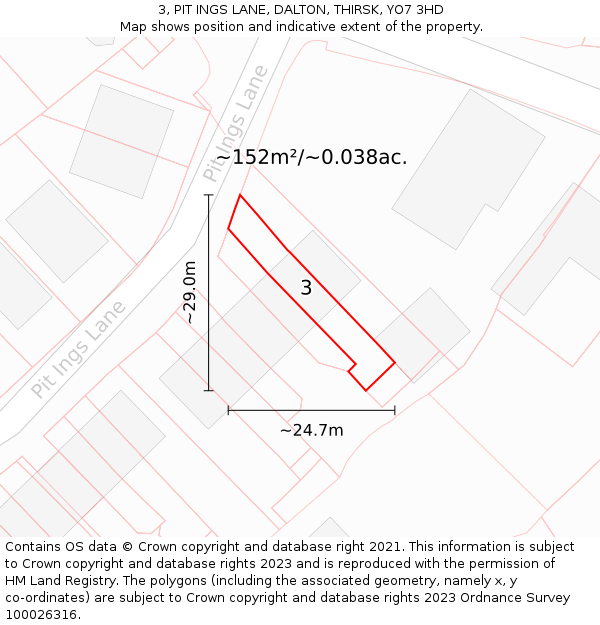 3, PIT INGS LANE, DALTON, THIRSK, YO7 3HD: Plot and title map