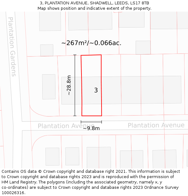3, PLANTATION AVENUE, SHADWELL, LEEDS, LS17 8TB: Plot and title map