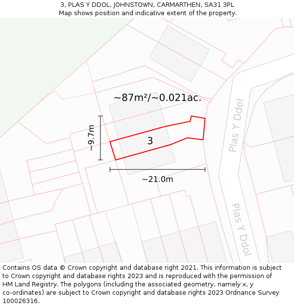 3, PLAS Y DDOL, JOHNSTOWN, CARMARTHEN, SA31 3PL: Plot and title map