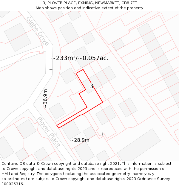 3, PLOVER PLACE, EXNING, NEWMARKET, CB8 7FT: Plot and title map
