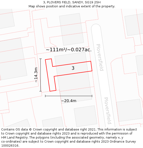 3, PLOVERS FIELD, SANDY, SG19 2SH: Plot and title map