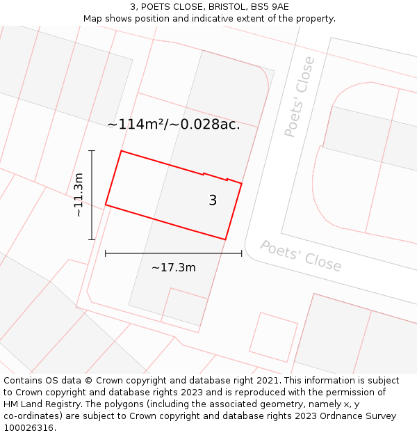 3, POETS CLOSE, BRISTOL, BS5 9AE: Plot and title map