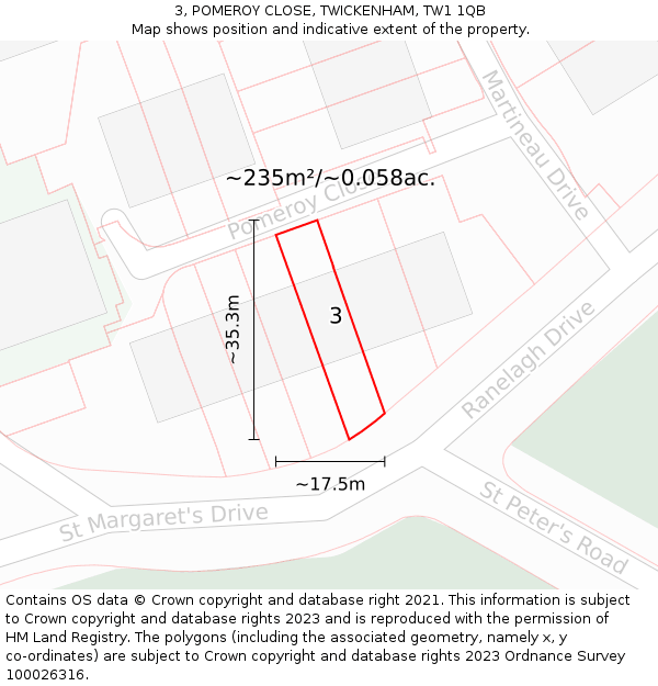 3, POMEROY CLOSE, TWICKENHAM, TW1 1QB: Plot and title map