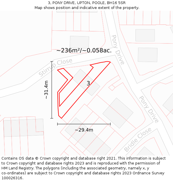 3, PONY DRIVE, UPTON, POOLE, BH16 5SR: Plot and title map