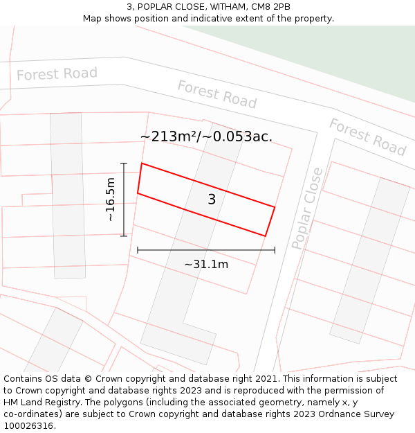 3, POPLAR CLOSE, WITHAM, CM8 2PB: Plot and title map