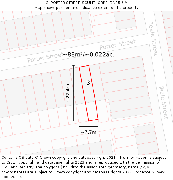 3, PORTER STREET, SCUNTHORPE, DN15 6JA: Plot and title map