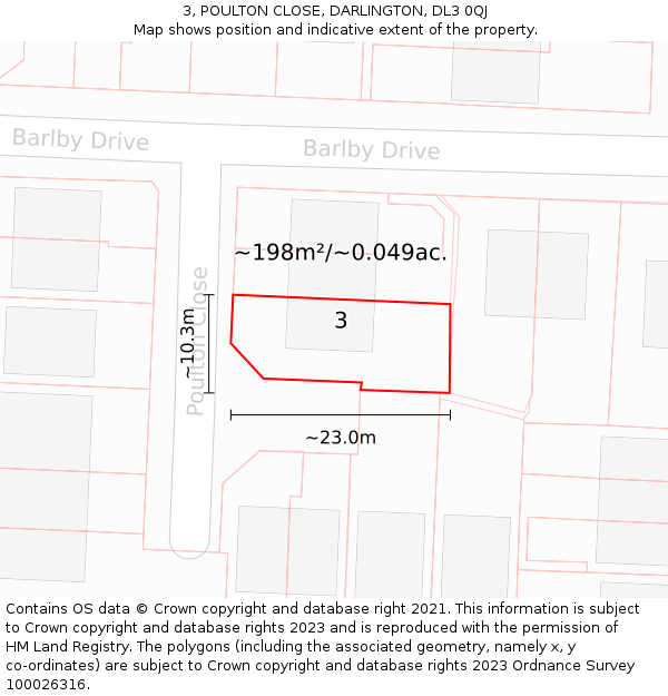 3, POULTON CLOSE, DARLINGTON, DL3 0QJ: Plot and title map