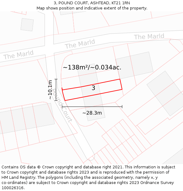 3, POUND COURT, ASHTEAD, KT21 1RN: Plot and title map