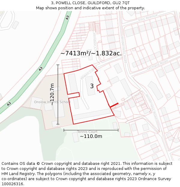3, POWELL CLOSE, GUILDFORD, GU2 7QT: Plot and title map