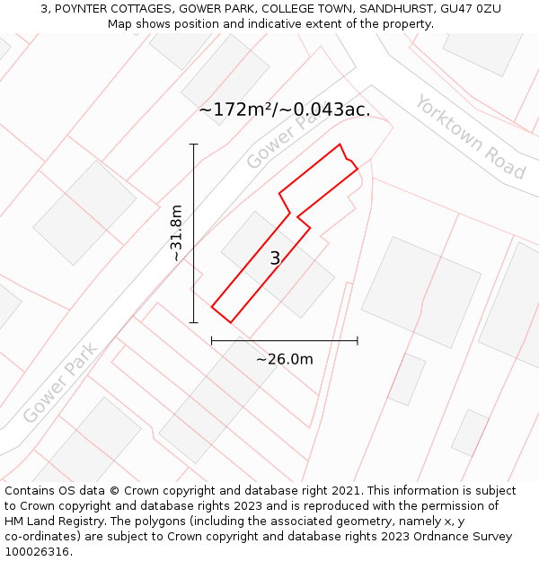 3, POYNTER COTTAGES, GOWER PARK, COLLEGE TOWN, SANDHURST, GU47 0ZU: Plot and title map