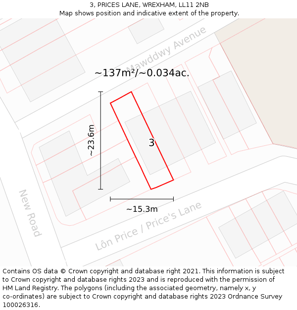 3, PRICES LANE, WREXHAM, LL11 2NB: Plot and title map