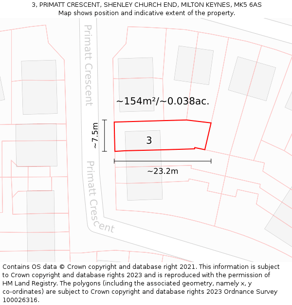 3, PRIMATT CRESCENT, SHENLEY CHURCH END, MILTON KEYNES, MK5 6AS: Plot and title map