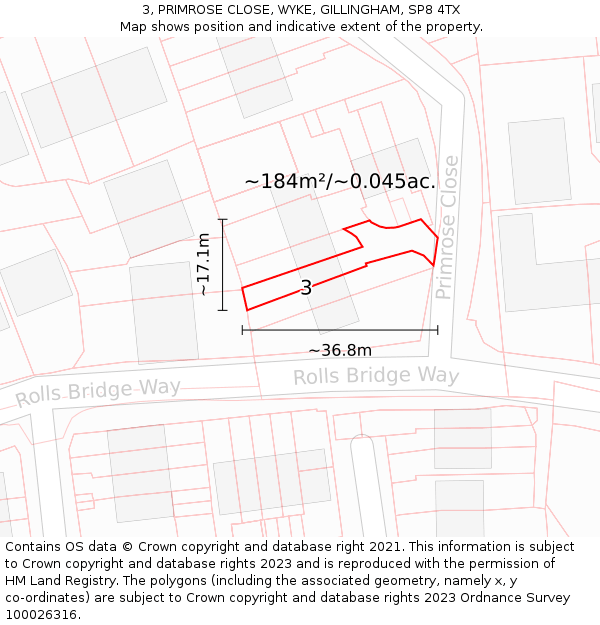 3, PRIMROSE CLOSE, WYKE, GILLINGHAM, SP8 4TX: Plot and title map