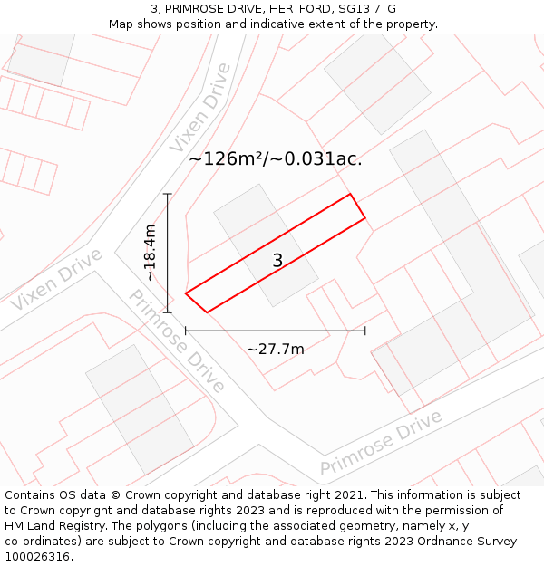 3, PRIMROSE DRIVE, HERTFORD, SG13 7TG: Plot and title map
