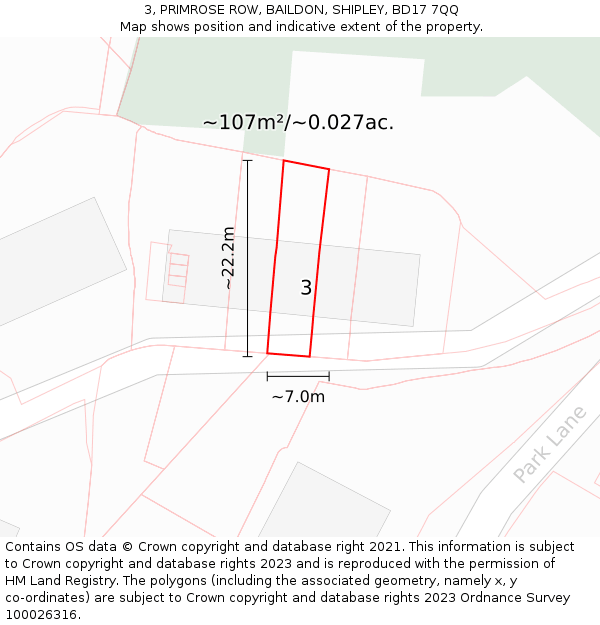 3, PRIMROSE ROW, BAILDON, SHIPLEY, BD17 7QQ: Plot and title map