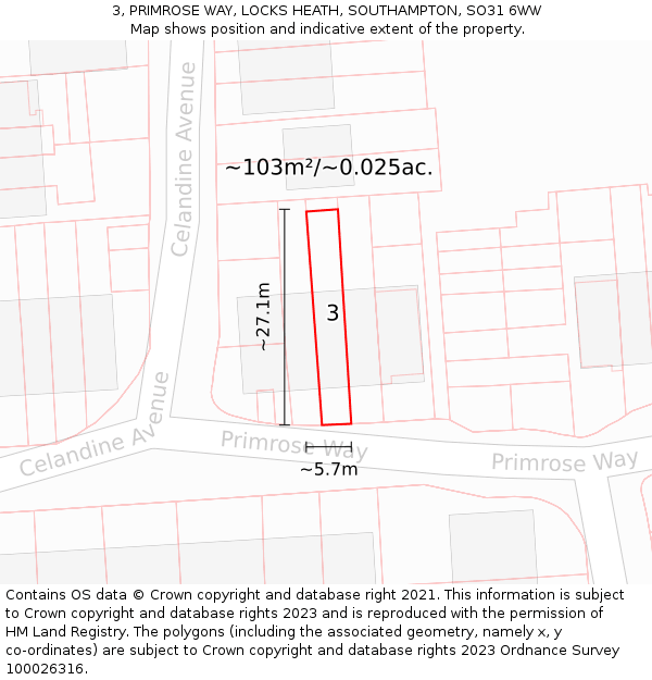3, PRIMROSE WAY, LOCKS HEATH, SOUTHAMPTON, SO31 6WW: Plot and title map