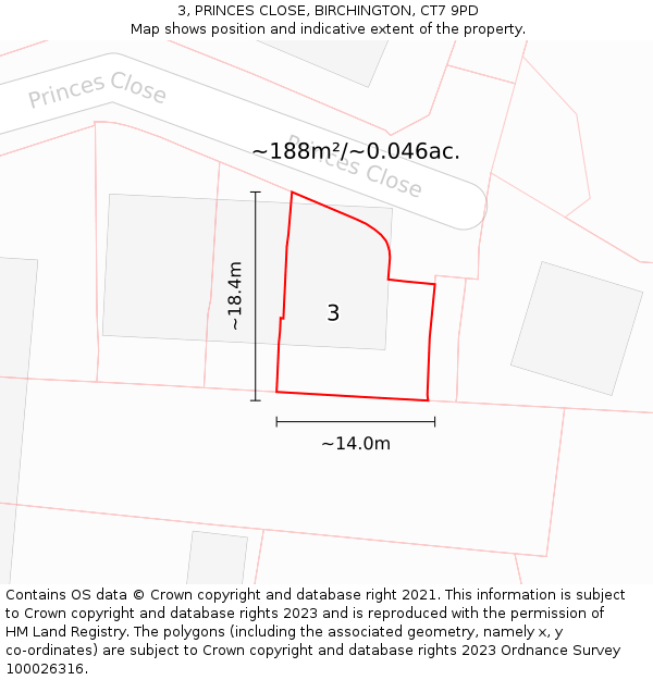 3, PRINCES CLOSE, BIRCHINGTON, CT7 9PD: Plot and title map
