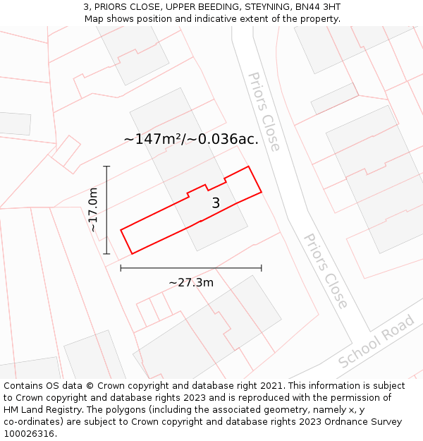 3, PRIORS CLOSE, UPPER BEEDING, STEYNING, BN44 3HT: Plot and title map