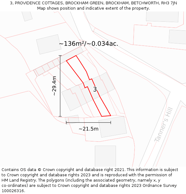 3, PROVIDENCE COTTAGES, BROCKHAM GREEN, BROCKHAM, BETCHWORTH, RH3 7JN: Plot and title map