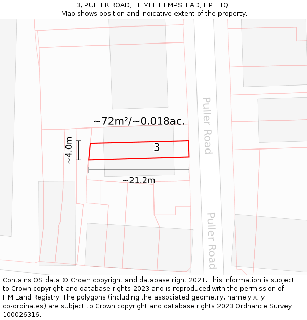 3, PULLER ROAD, HEMEL HEMPSTEAD, HP1 1QL: Plot and title map