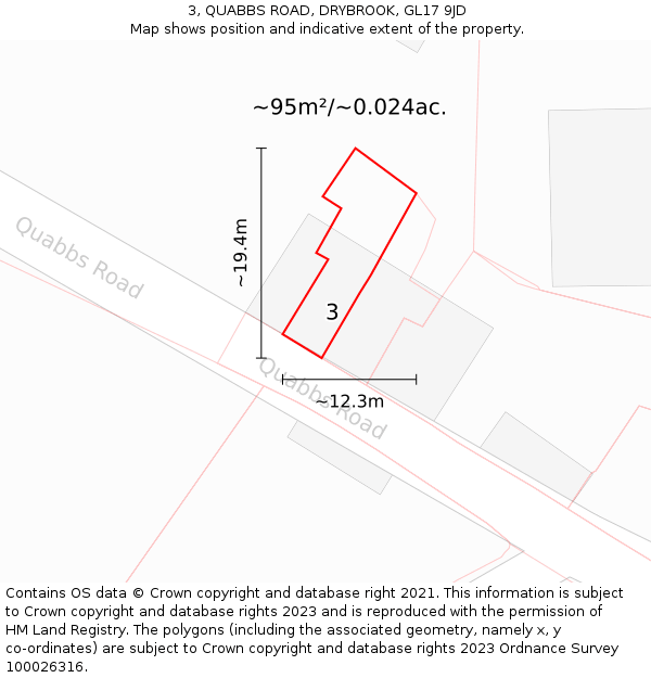 3, QUABBS ROAD, DRYBROOK, GL17 9JD: Plot and title map
