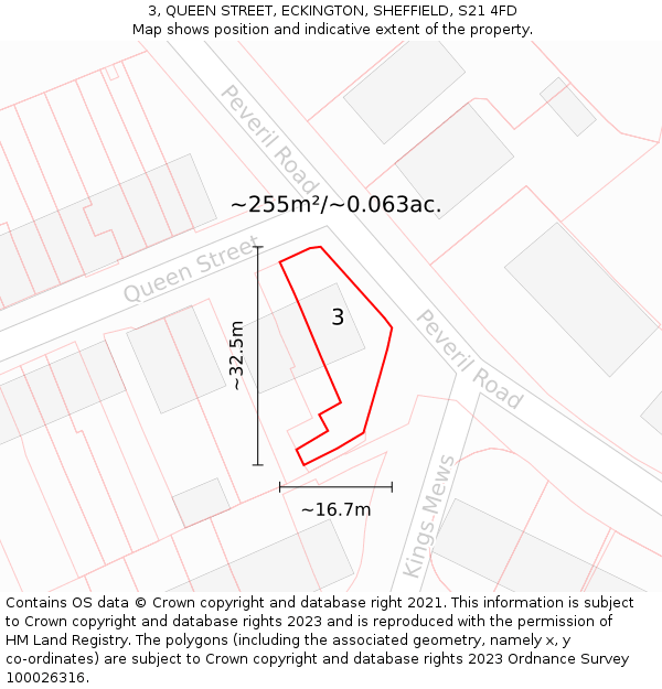 3, QUEEN STREET, ECKINGTON, SHEFFIELD, S21 4FD: Plot and title map