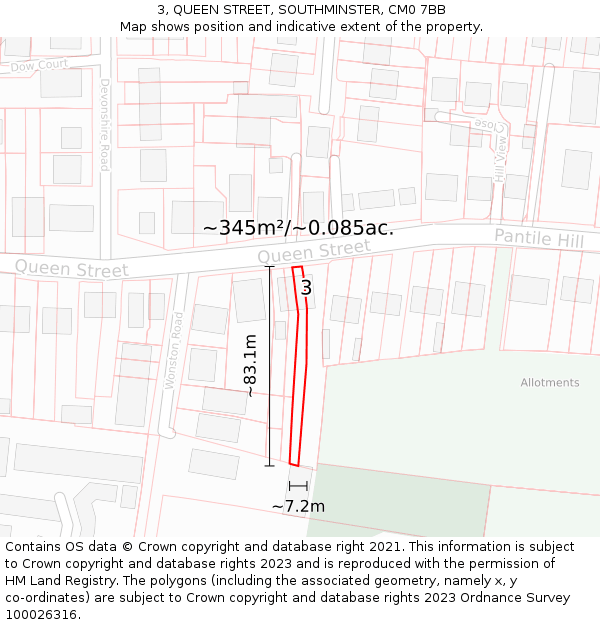 3, QUEEN STREET, SOUTHMINSTER, CM0 7BB: Plot and title map