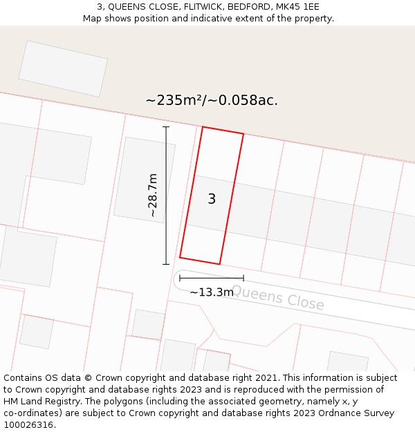 3, QUEENS CLOSE, FLITWICK, BEDFORD, MK45 1EE: Plot and title map
