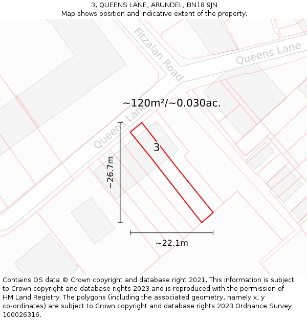 3, QUEENS LANE, ARUNDEL, BN18 9JN: Plot and title map