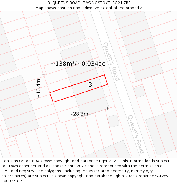 3, QUEENS ROAD, BASINGSTOKE, RG21 7RF: Plot and title map