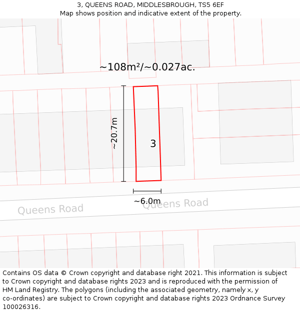 3, QUEENS ROAD, MIDDLESBROUGH, TS5 6EF: Plot and title map